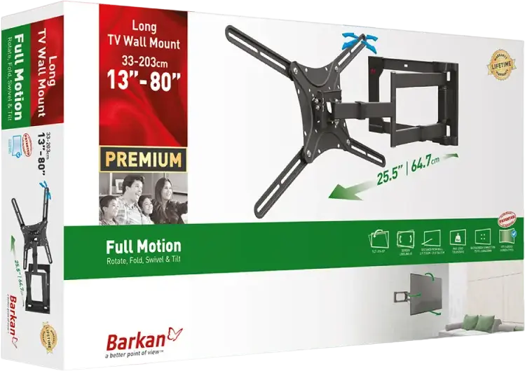 Barkan 4400 Full Motion Wall TV Mount, Metal, for 13-80 inch Screens, VESA up to 600x400, Max Load 50kg, Tilt +15/-5°, Swivel & Rotate, Black
