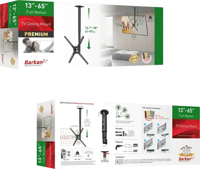 Потолочный кронштейн для ТВ Barkan 3500B для экранов 13-65 дюймов, VESA 400x400мм, нагрузка 40кг, регулировка высоты 410-970мм, поворот 360, наклон 15, поворот 160, черный