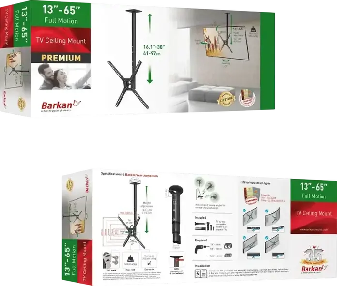Потолочный кронштейн для ТВ Barkan 3500B для экранов 13-65 дюймов, VESA 400x400мм, нагрузка 40кг, регулировка высоты 410-970мм, поворот 360, наклон 15, поворот 160, черный