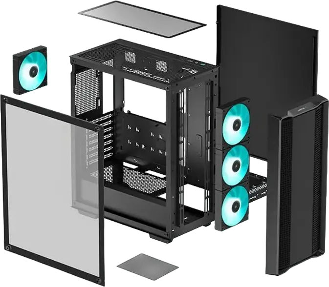 Carcasa Gaming Deepcool CC560 V2 Midi-Tower, Negru, Panou Lateral Sticla Calita, Fata Plasa, 4 Ventilatoare 120mm LED Albastre, Suport ATX/mATX/ITX