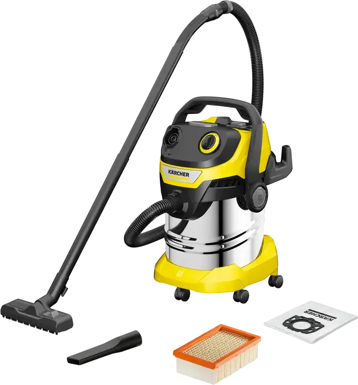 Karcher WD 5 S Wet & Dry Vacuum Cleaner, 1200W, 25L Stainless Steel Container, HEPA Filter, Blowing Function, with Floor Brush and Crevice Nozzle