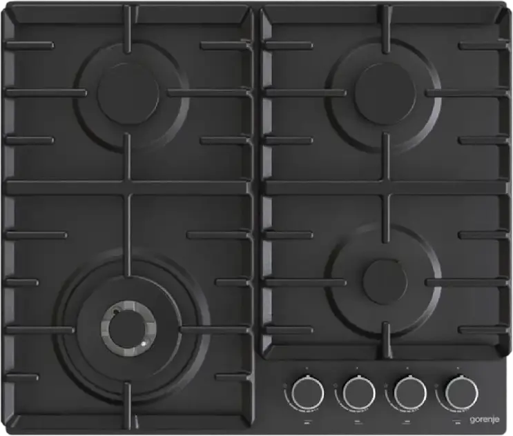 Газовая варочная панель Gorenje GW 642 AB, 4 конфорки с WOK, нержавеющая сталь, чугунные решетки, электроподжиг, газ-контроль, 60 см, черный