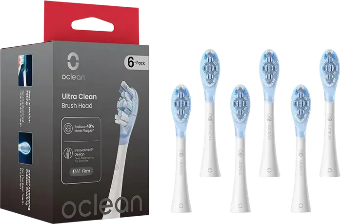 Oclean Ultra Clean UC03 W02 Replacement Sonic Electric Toothbrush Heads, DuPont Tynex Medium-Firm Bristles, Tongue Cleaner, Set of 6, White