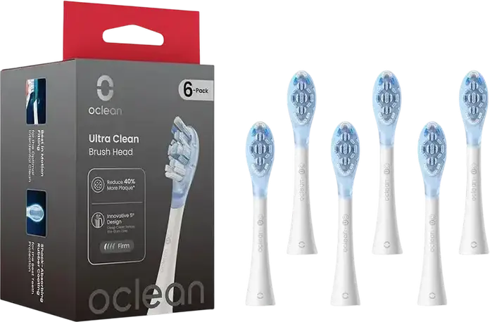 Oclean Ultra Clean UC03 W02 Replacement Sonic Electric Toothbrush Heads, DuPont Tynex Medium-Firm Bristles, Tongue Cleaner, Set of 6, White