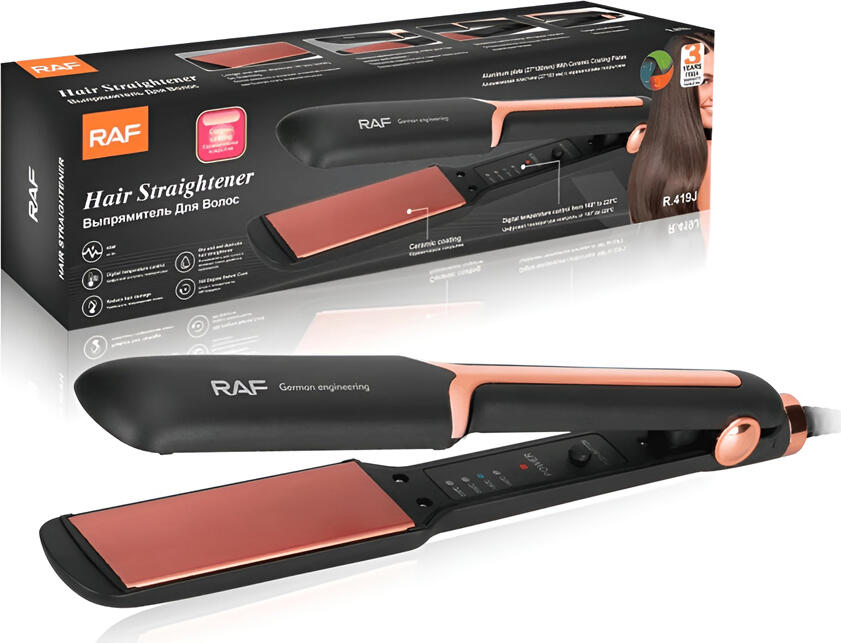 Placa de indreptat parul RAF R.419J, Placi Aluminiu cu Strat Ceramic, Temperatura Reglabila 130-232°C, 45W, Cablu Rotos 360°, Negru si Rose Gold