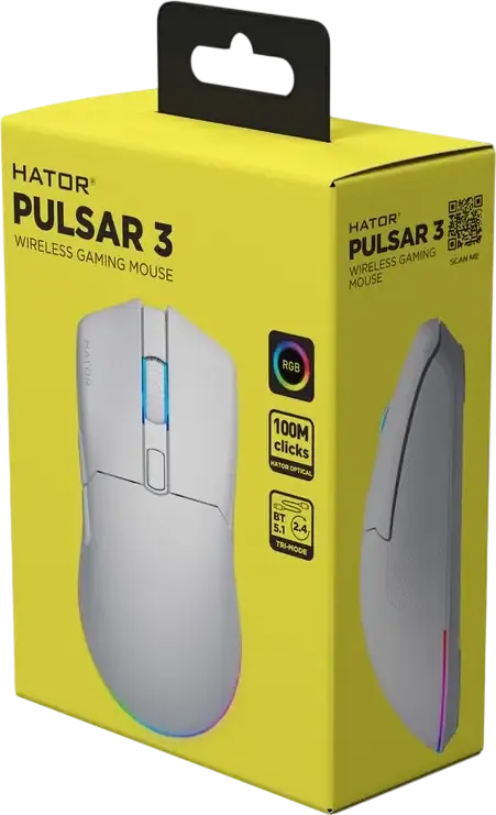 HATOR Pulsar 3 Wireless Gaming Mouse HTM631, Tri-mode Connectivity, 12000 DPI Optical Sensor, RGB Lighting, 100 Million Click Optical Switches, White