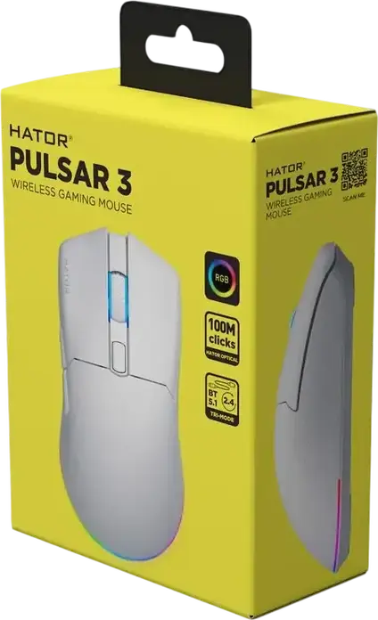 HATOR Pulsar 3 Wireless Gaming Mouse HTM631, Tri-mode Connectivity, 12000 DPI Optical Sensor, RGB Lighting, 100 Million Click Optical Switches, White