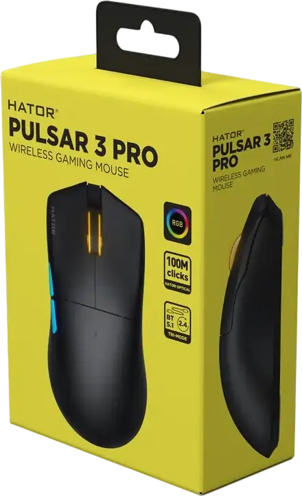 Игровая беспроводная мышь HATOR Pulsar 3 Pro, сенсор PixArt PAW 3950 30000 DPI, оптические переключатели 100M, три режима подключения, 65г, черный, HTM640