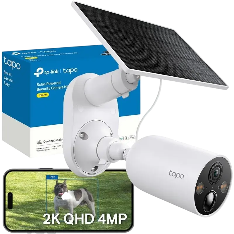 Set de 2 piese TP-Link Tapo TC85 KIT Camera de Securitate cu Baterie si Panou Solar, Rezolutie 4Mpix 2K QHD, FOV 150 grade, IP66, Alb