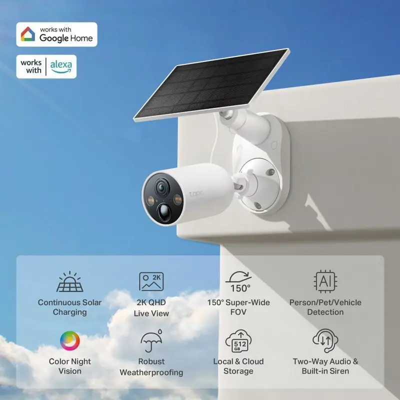 Set de 2 piese TP-Link Tapo TC85 KIT Camera de Securitate cu Baterie si Panou Solar, Rezolutie 4Mpix 2K QHD, FOV 150 grade, IP66, Alb
