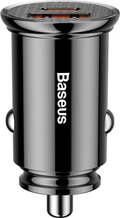 Baseus 30W Car Charger with USB-C and USB-A Ports, PD 3.0 QC 4.0 Fast Charging, Intelligent Voltage Adjustment, ABS PC Material, Black