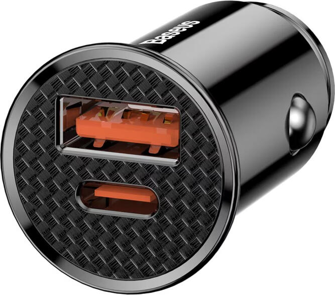 Baseus 30W Car Charger with USB-C and USB-A Ports, PD 3.0 QC 4.0 Fast Charging, Intelligent Voltage Adjustment, ABS PC Material, Black