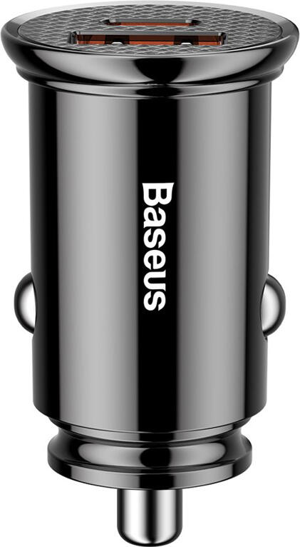 Baseus 30W Car Charger with USB-C and USB-A Ports, PD 3.0 QC 4.0 Fast Charging, Intelligent Voltage Adjustment, ABS PC Material, Black
