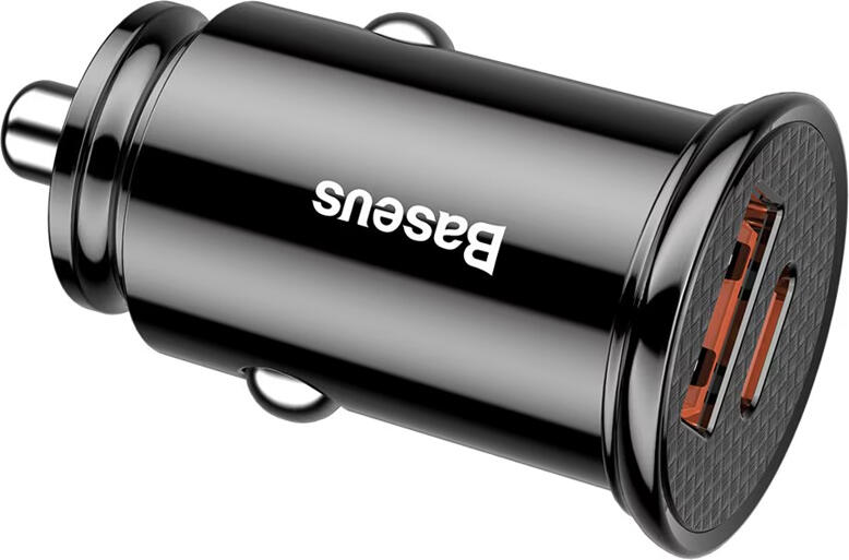 Baseus 30W Car Charger with USB-C and USB-A Ports, PD 3.0 QC 4.0 Fast Charging, Intelligent Voltage Adjustment, ABS PC Material, Black
