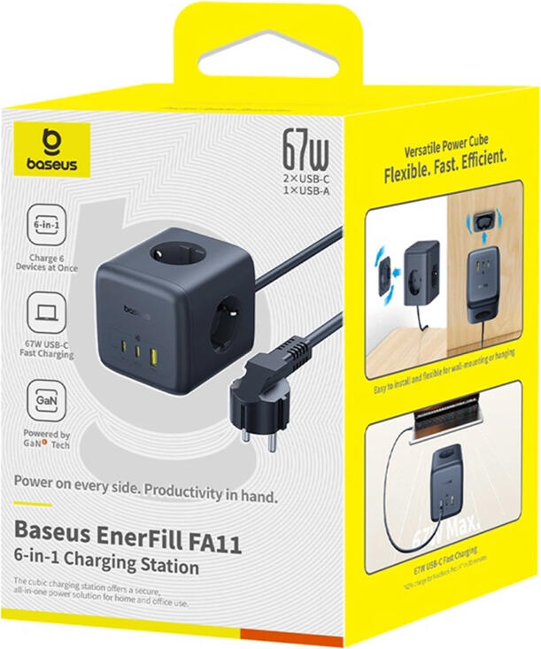 Baseus EnerFill FA11 EFMF67-EU Cub Priza 6-in-1, Statie de Incarcare GaN6 67W, 3 Prize AC, 2 USB-C, 1 USB-A, Cablu 1.5m, Cosmic Black
