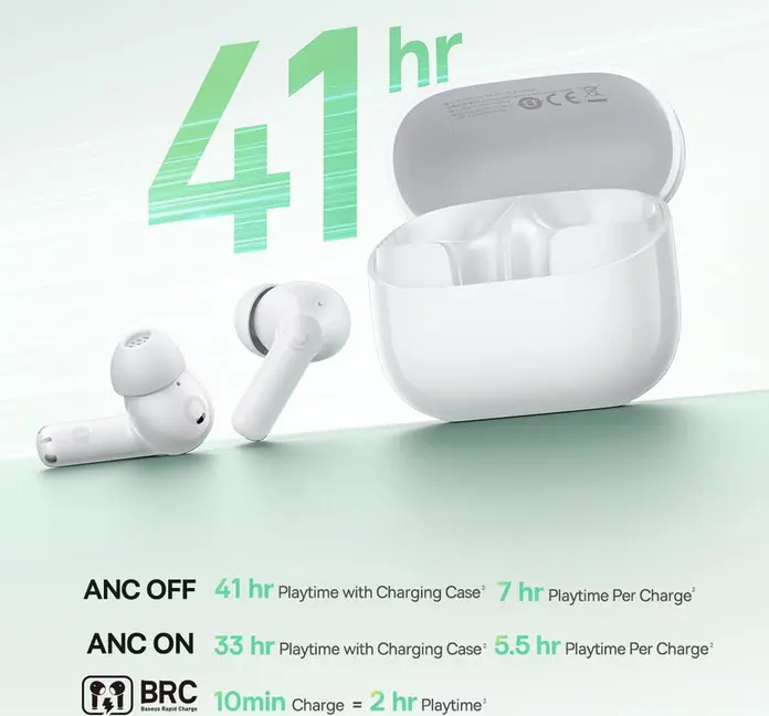 Baseus Bass BP1 NC True Wireless Earbuds, Moon White, -43dB Active Noise Cancelling, 12mm Dynamic Drivers, 4-Mic AI ENC, Bluetooth 6.0, IP55, 41h Total Battery