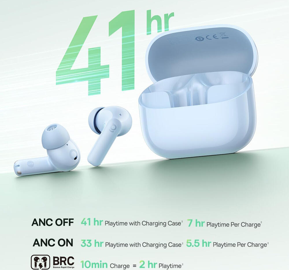 Casca TWS Baseus Bass BP1 NC, Albastru, Anulare Zgomot Activ -43dB, Drivere Dinamice 12mm, Sistem 4 Microfoane AI ENC, Bluetooth 6.0, IP55, Baterie Totala 41h