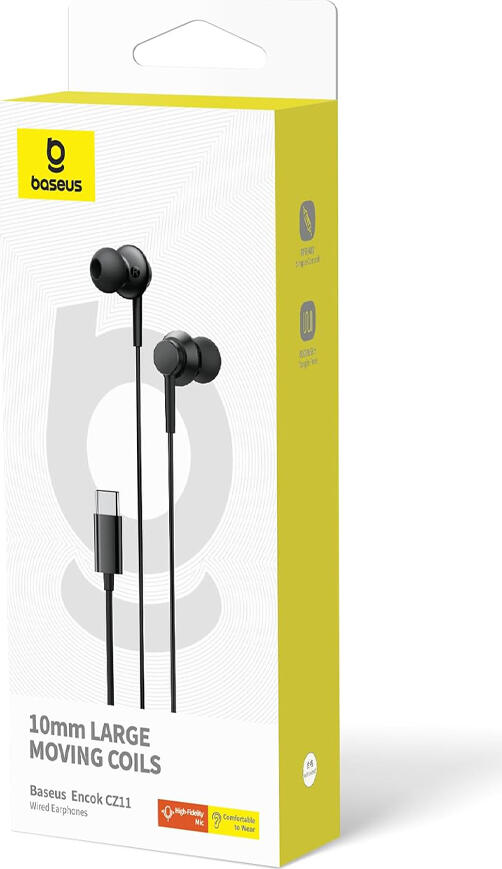Baseus Encok CZ11 Wired In-Ear Earphones with USB Type-C Interface, 10mm Driver, Integrated Microphone and Inline Remote, Anti-Tangle TPE Cable, Black