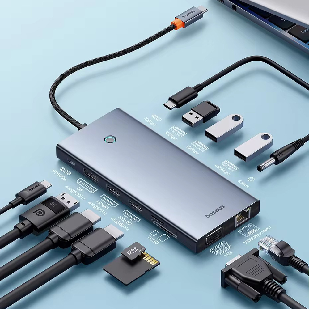 USB-C хаб Baseus PortalJoy 13-в-1, три видеовыхода (DP 8K, два HDMI 4K, VGA), зарядка PD 100Вт, Gigabit Ethernet, алюминиевый корпус Space Gray