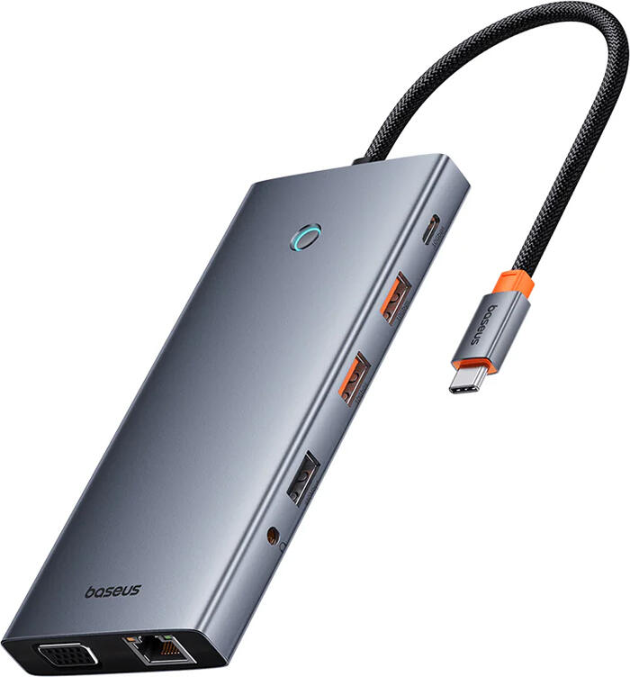 USB-C хаб Baseus PortalJoy 13-в-1, три видеовыхода (DP 8K, два HDMI 4K, VGA), зарядка PD 100Вт, Gigabit Ethernet, алюминиевый корпус Space Gray