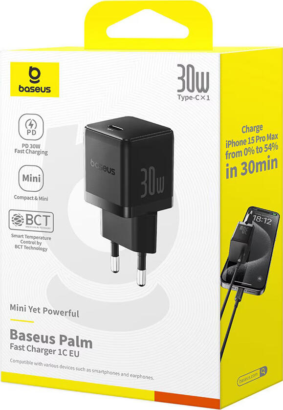 Baseus Palm Series GaN Wall Charger, PD Fast Charging 20W/30W 1 Port USB-C & USB-A EU Plug, Black, BCT Temperature Control and 8-Layer Protection Compact Adapter