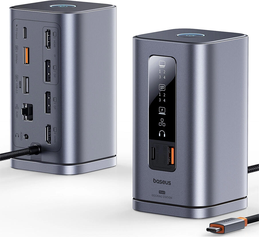 Baseus 11-in-1 Vertical Docking Station, Aluminum Gray, USB-C, Dual 4K@60Hz HDMI & DisplayPort, 10Gbps USB-A/C, 100W PD, RJ-45, 3.5mm Audio, EU Plug