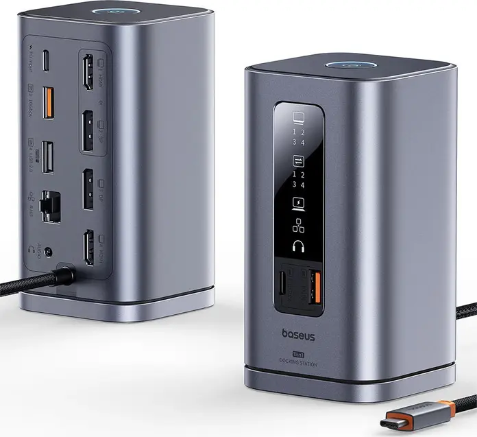 Baseus 11-in-1 Vertical Docking Station, Aluminum Gray, USB-C, Dual 4K@60Hz HDMI & DisplayPort, 10Gbps USB-A/C, 100W PD, RJ-45, 3.5mm Audio, EU Plug