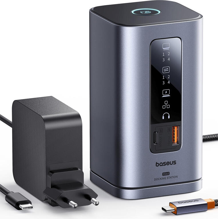 Baseus 11-in-1 Vertical Docking Station, Aluminum Gray, USB-C, Dual 4K@60Hz HDMI & DisplayPort, 10Gbps USB-A/C, 100W PD, RJ-45, 3.5mm Audio, EU Plug