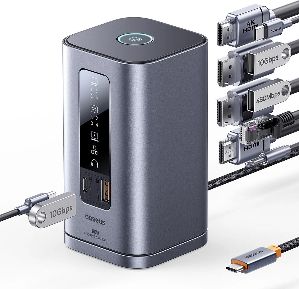 Baseus 11-in-1 Vertical Docking Station, Aluminum Gray, USB-C, Dual 4K@60Hz HDMI & DisplayPort, 10Gbps USB-A/C, 100W PD, RJ-45, 3.5mm Audio, EU Plug