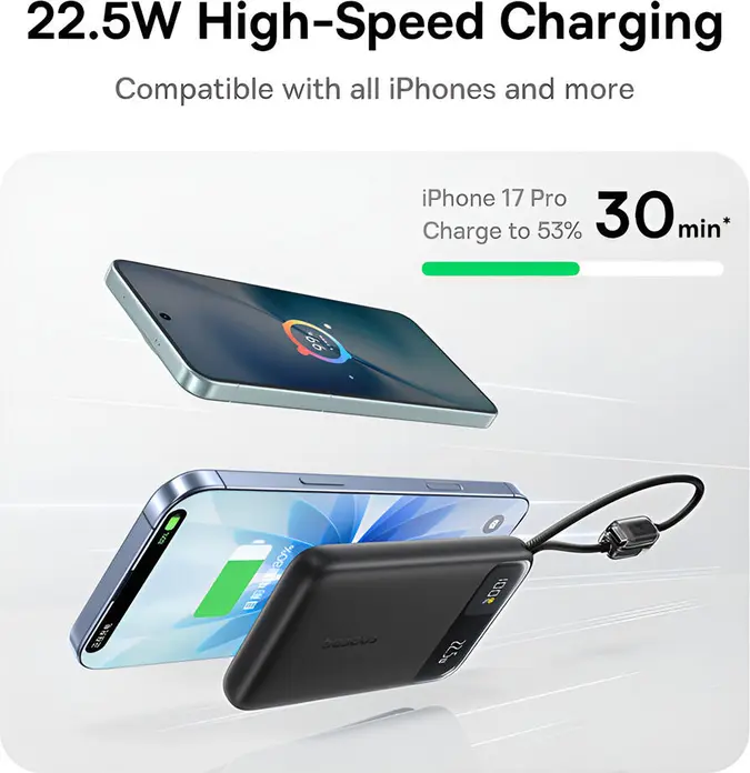 Внешний аккумулятор Baseus EnerFill FC11 10000mAh 22.5W с быстрой зарядкой, встроенным кабелем USB-C и цифровым дисплеем заряда, ультратонкий корпус