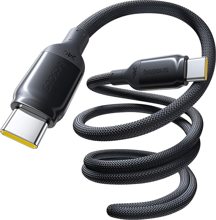Cablu Baseus PicoGo USB-C la USB-C 240W, 1m, PD3.1 PPS QC4.0, Design Auto-infasurat Magnetic din Silicon si Nylon Impletit, 480Mbps, Cosmic Black