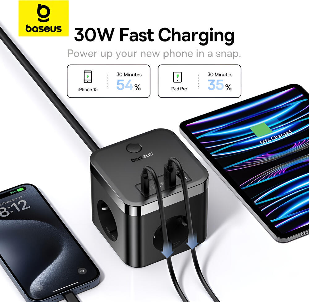 Baseus PowerCombo Cube Power Strip with 3 AC Sockets and 4 USB Ports (2x USB-C 30W, 2x USB-A), 4000W Max Power, EU Plug, 1.5m Cable, Cluster Black