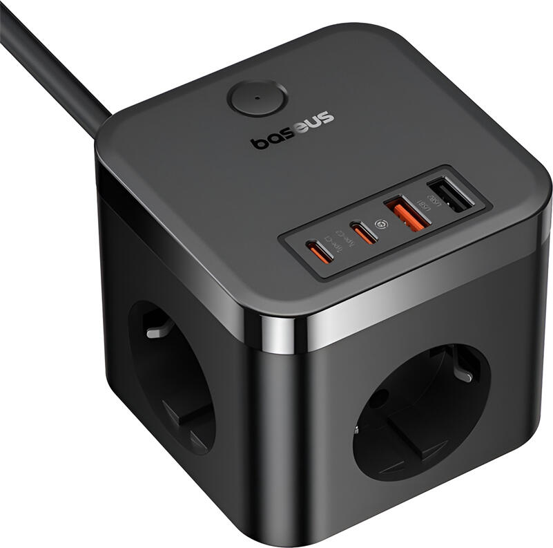 Baseus PowerCombo Cube Power Strip with 3 AC Sockets and 4 USB Ports (2x USB-C 30W, 2x USB-A), 4000W Max Power, EU Plug, 1.5m Cable, Cluster Black