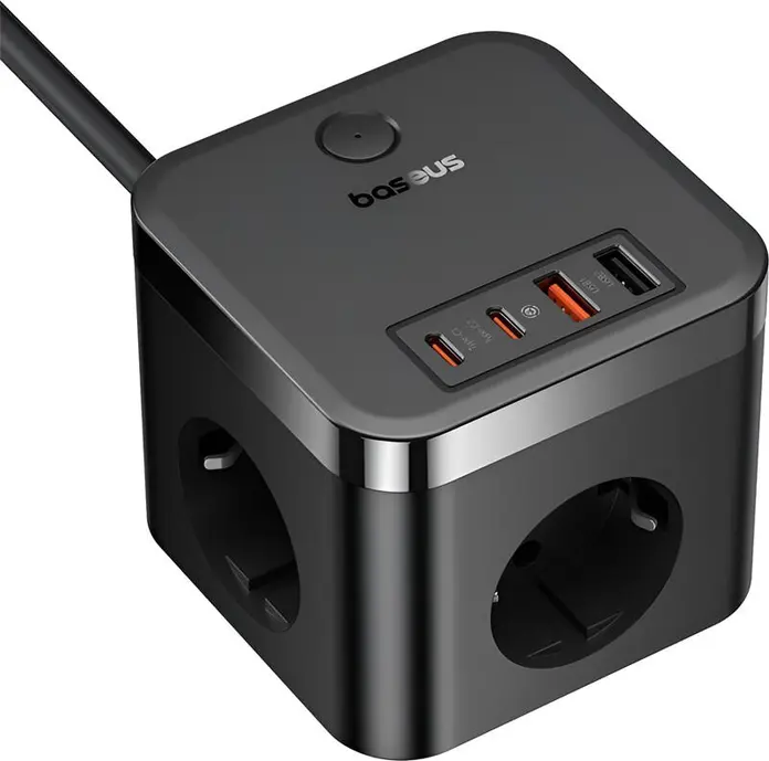 Baseus PowerCombo Cube Power Strip with 3 AC Sockets and 4 USB Ports (2x USB-C 30W, 2x USB-A), 4000W Max Power, EU Plug, 1.5m Cable, Cluster Black