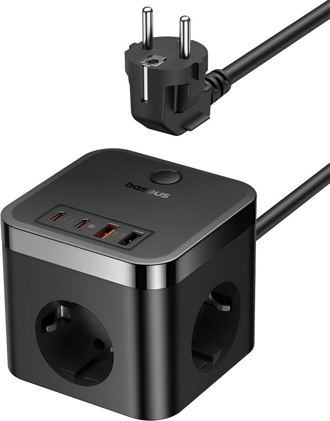 Baseus PowerCombo Cube Power Strip with 3 AC Sockets and 4 USB Ports (2x USB-C 30W, 2x USB-A), 4000W Max Power, EU Plug, 1.5m Cable, Cluster Black