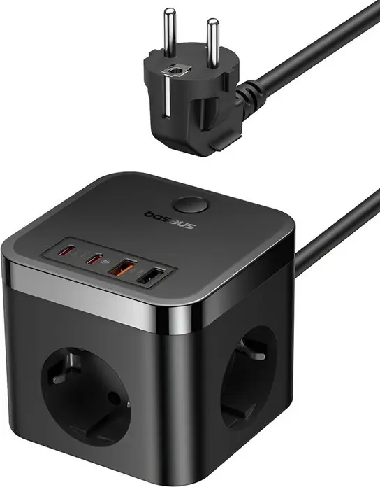 Baseus PowerCombo Cube Power Strip with 3 AC Sockets and 4 USB Ports (2x USB-C 30W, 2x USB-A), 4000W Max Power, EU Plug, 1.5m Cable, Cluster Black