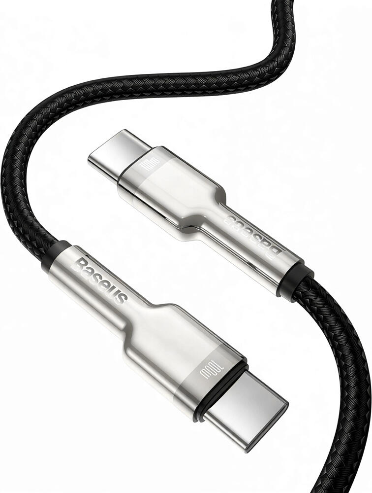 Кабель Baseus Cafule Metal Series USB-C - USB-C CATJK-C01, 100Вт PD Quick Charge, Плетеный Нейлон, Цинковый Сплав, 1м, Передача Данных 480Мбит/с, Черный