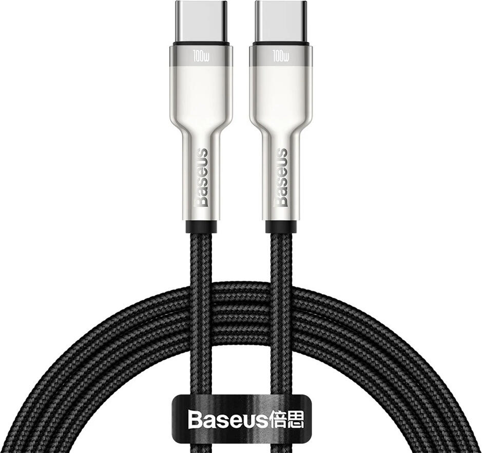 Кабель Baseus Cafule Metal Series USB-C - USB-C CATJK-C01, 100Вт PD Quick Charge, Плетеный Нейлон, Цинковый Сплав, 1м, Передача Данных 480Мбит/с, Черный