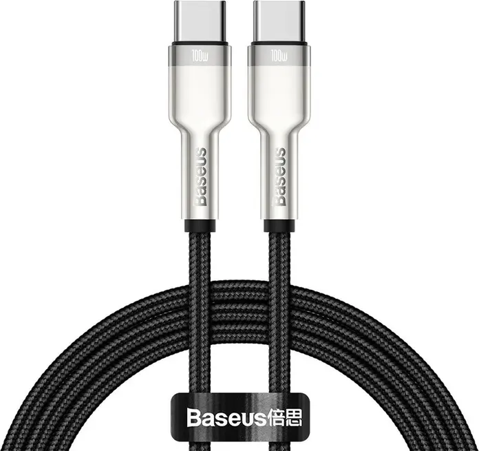 Кабель Baseus Cafule Metal Series USB-C - USB-C CATJK-C01, 100Вт PD Quick Charge, Плетеный Нейлон, Цинковый Сплав, 1м, Передача Данных 480Мбит/с, Черный