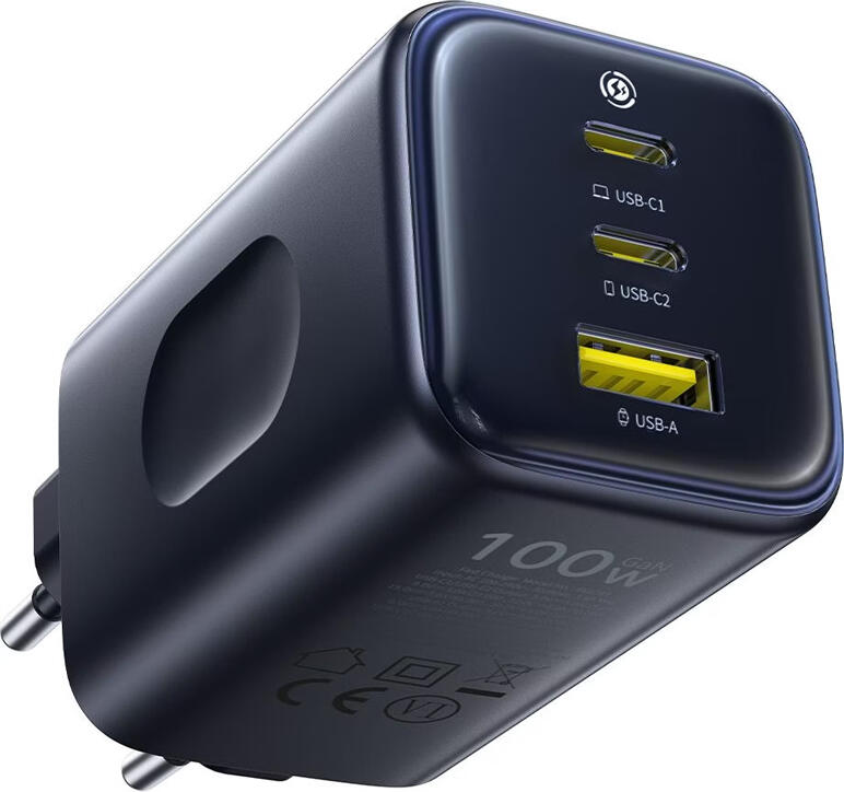 Încărcător Rapid Baseus PicoGov AE11 100W GaN, Adaptor de Priza cu 3 Porturi 2x USB-C si 1x USB-A, PD, QC 3.0, PPS, Universal pentru Laptop și Telefon