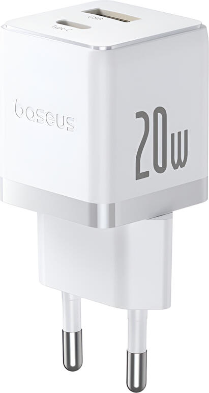 Incarcator de Perete Baseus Palm Series GaN, Alb, Incarcare Rapida PD 20W USB-C si USB-A Priza EU, Control Temperatura BCT si Protectie in 8 Straturi