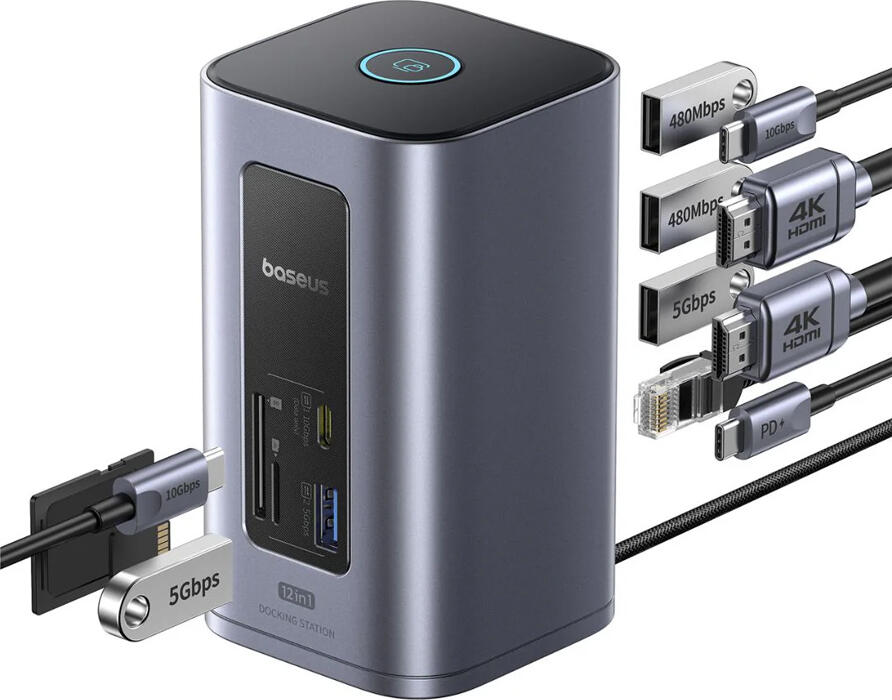 Докинг-станция Baseus Nomos NU1 Air Spacemate 12-в-1 USB-C BS-OH198, два HDMI 4K 60Гц, быстрая зарядка PD 100Вт, Gigabit Ethernet, алюминий Space Grey