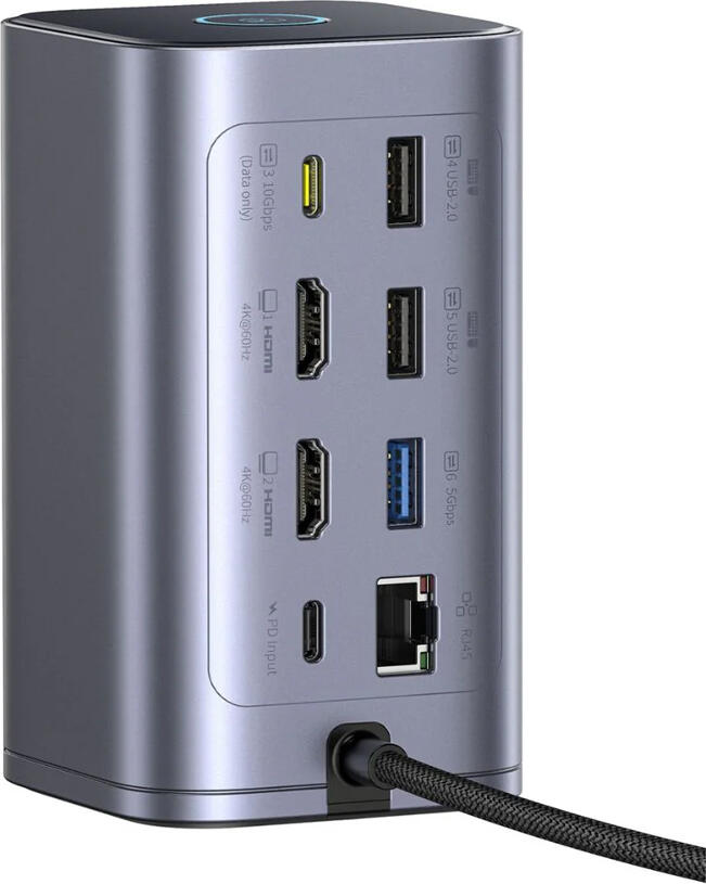 Докинг-станция Baseus Nomos NU1 Air Spacemate 12-в-1 USB-C BS-OH198, два HDMI 4K 60Гц, быстрая зарядка PD 100Вт, Gigabit Ethernet, алюминий Space Grey