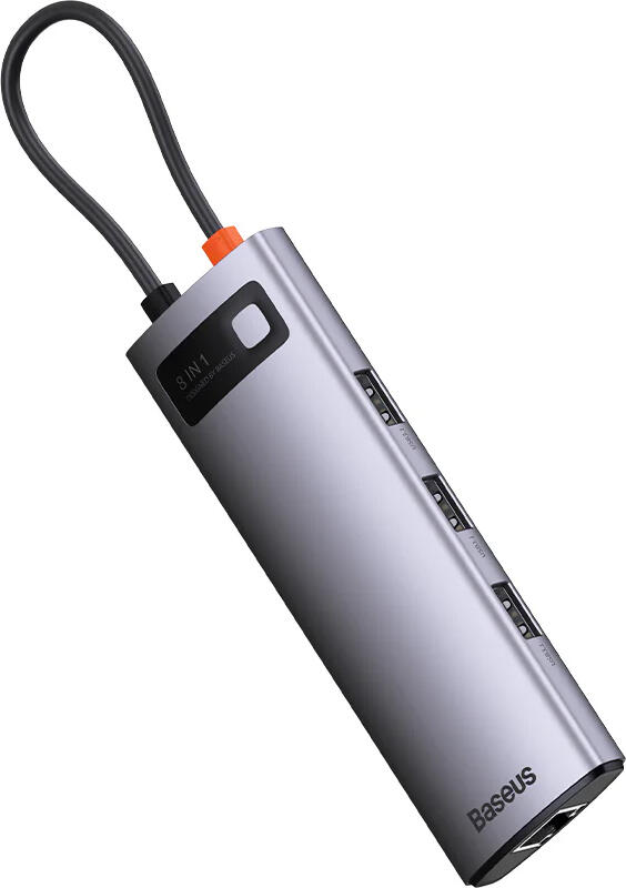 USB-C концентратор Baseus Metal Gleam Series 8-в-1, алюминиевый, HDMI 4K, 3x USB 3.0 5 Гбит/с, PD 100 Вт, Gigabit Ethernet RJ45, картридер SD/TF, Space Gray