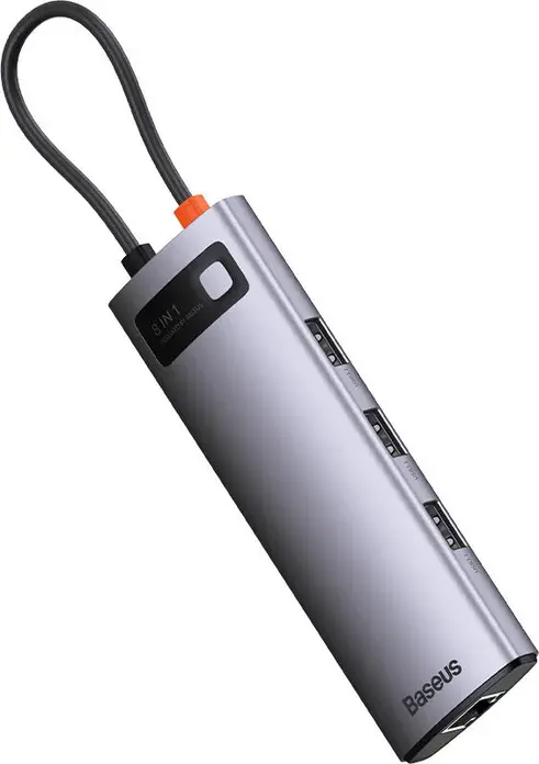 USB-C концентратор Baseus Metal Gleam Series 8-в-1, алюминиевый, HDMI 4K, 3x USB 3.0 5 Гбит/с, PD 100 Вт, Gigabit Ethernet RJ45, картридер SD/TF, Space Gray