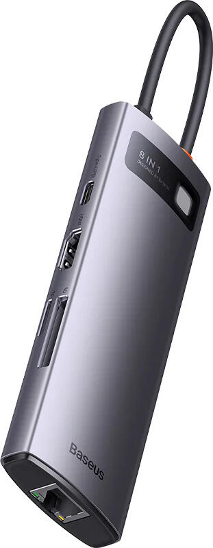 USB-C концентратор Baseus Metal Gleam Series 8-в-1, алюминиевый, HDMI 4K, 3x USB 3.0 5 Гбит/с, PD 100 Вт, Gigabit Ethernet RJ45, картридер SD/TF, Space Gray