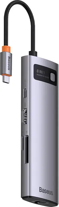 USB-C концентратор Baseus Metal Gleam Series 8-в-1, алюминиевый, HDMI 4K, 3x USB 3.0 5 Гбит/с, PD 100 Вт, Gigabit Ethernet RJ45, картридер SD/TF, Space Gray