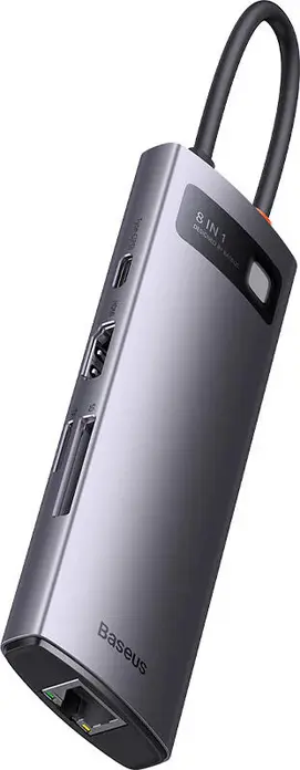 USB-C концентратор Baseus Metal Gleam Series 8-в-1, алюминиевый, HDMI 4K, 3x USB 3.0 5 Гбит/с, PD 100 Вт, Gigabit Ethernet RJ45, картридер SD/TF, Space Gray