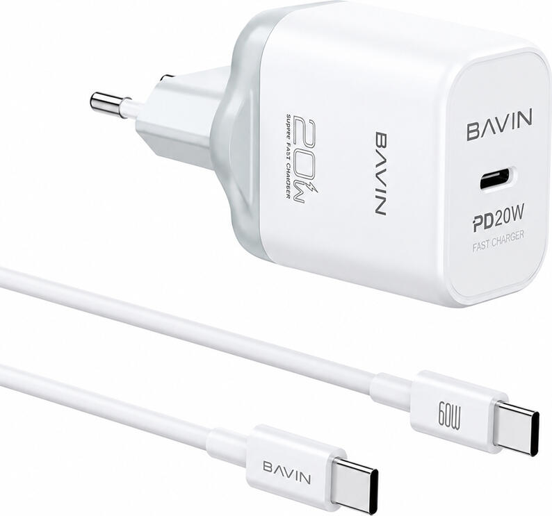 BAVIN Wall Charger PD 20W Fast Charge + Cable Type-C to Type-C, White