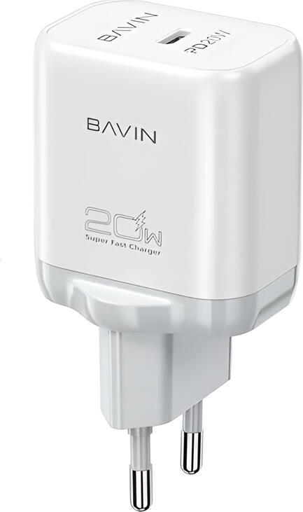 Set de 2 piese Incarcator de Perete BAVIN 20W PD Fast Charge cu Cablu USB Type-C la Type-C 60W, Priza EU, Alb